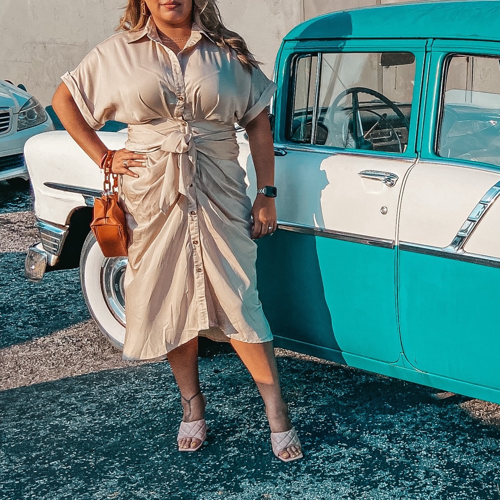 Silk tan button down wrap dress